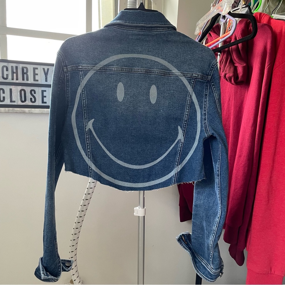 Womens Penguin cropped denim jacket with happy face size Medium